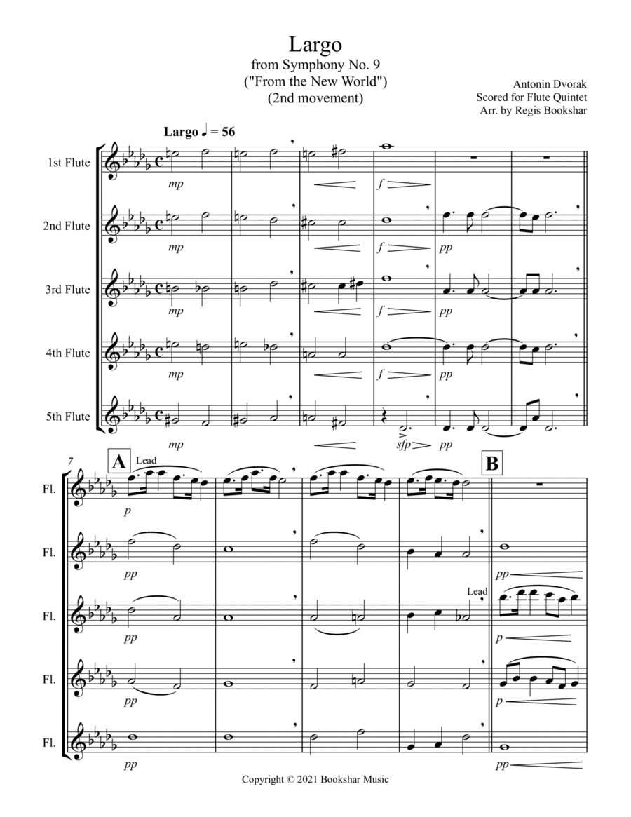 Largo (from "Symphony No. 9") ("From the New World") (Db) (Flute Quintet) (arr. Regis Bookshar)