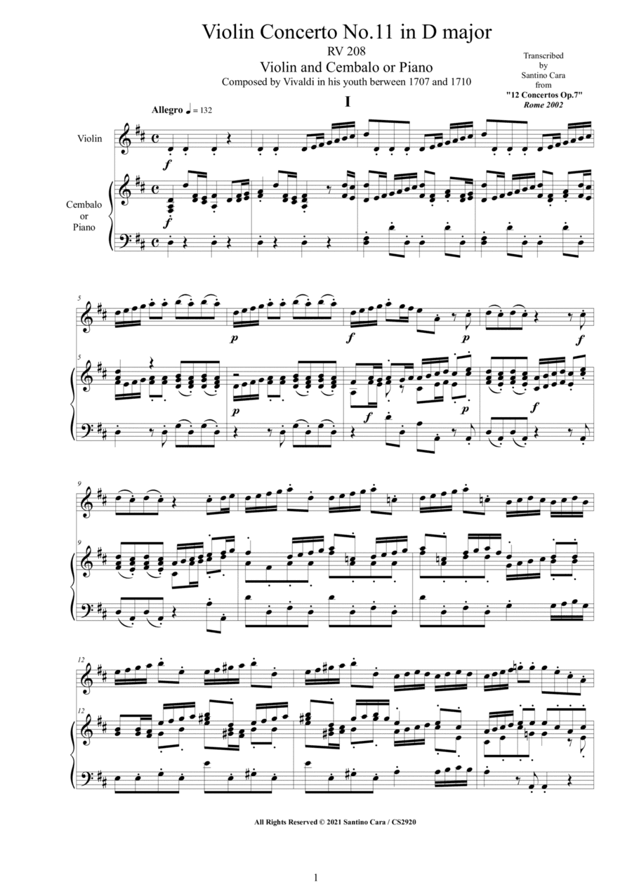 Vivaldi - Violin Concerto No.11 in D major RV 208 Op.7 for Violin and Cembalo or Piano (arr. Santino Cara)
