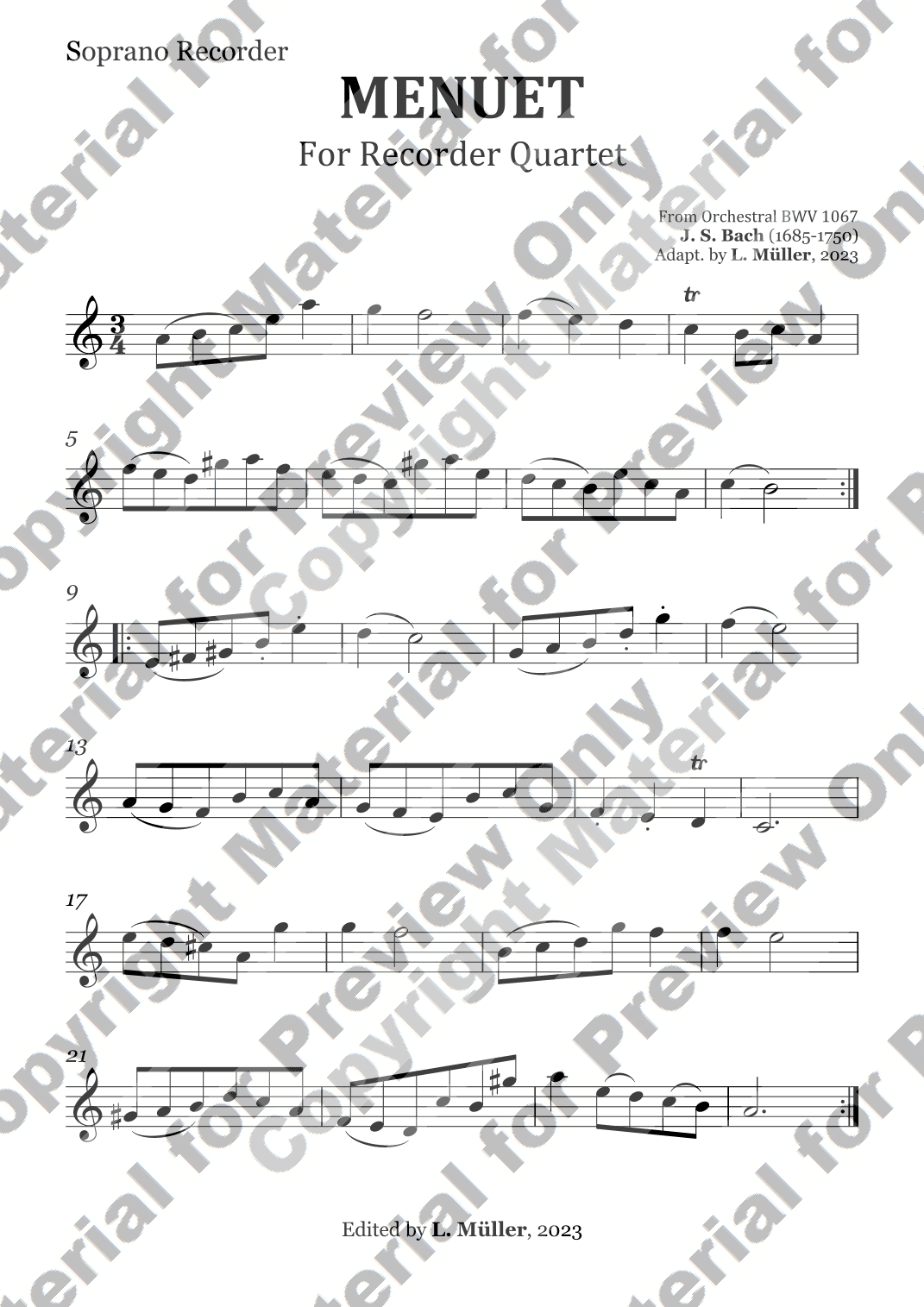 Menuet BWV 1067 - For Recorder Quartet (arr. L. Müller)