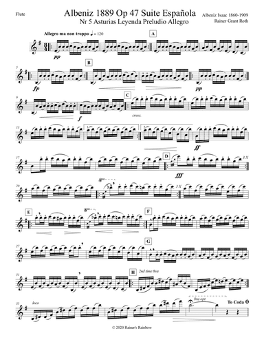 Albeniz 1889 Op 47 Suite Española Nr 5 Asturias Leyenda Preludio Allegro for Flute in E minor (arr. Rainer Grant Roth)