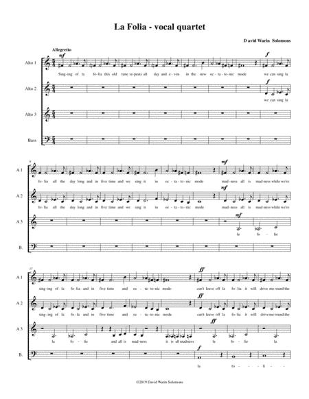 La Folia for vocal quartet (3 altos and 1 bass) in Octatonic and Dorian modes