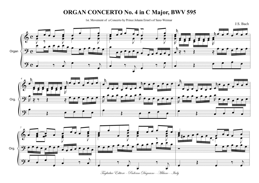 ORGAN CONCERTO No.4 in C Major - BWV 595 - 1st. Movement of  a Concerto by Prince Johann Ernst's of (arr. Renato Tagliabue)