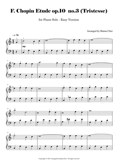 F. Chopin Etude op.10 no.3 (Tristesse) - for Piano Solo / Easy Level (arr. Hanna Choi)