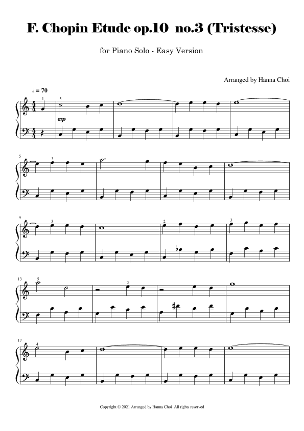 F. Chopin Etude op.10 no.3 (Tristesse) - for Piano Solo / Easy Level (arr. Hanna Choi)