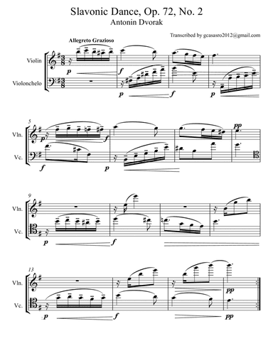 Dvorak Slavonic dance No 2 in E minor op 72 version yoyoma perlman (arr. Griselda Casas)