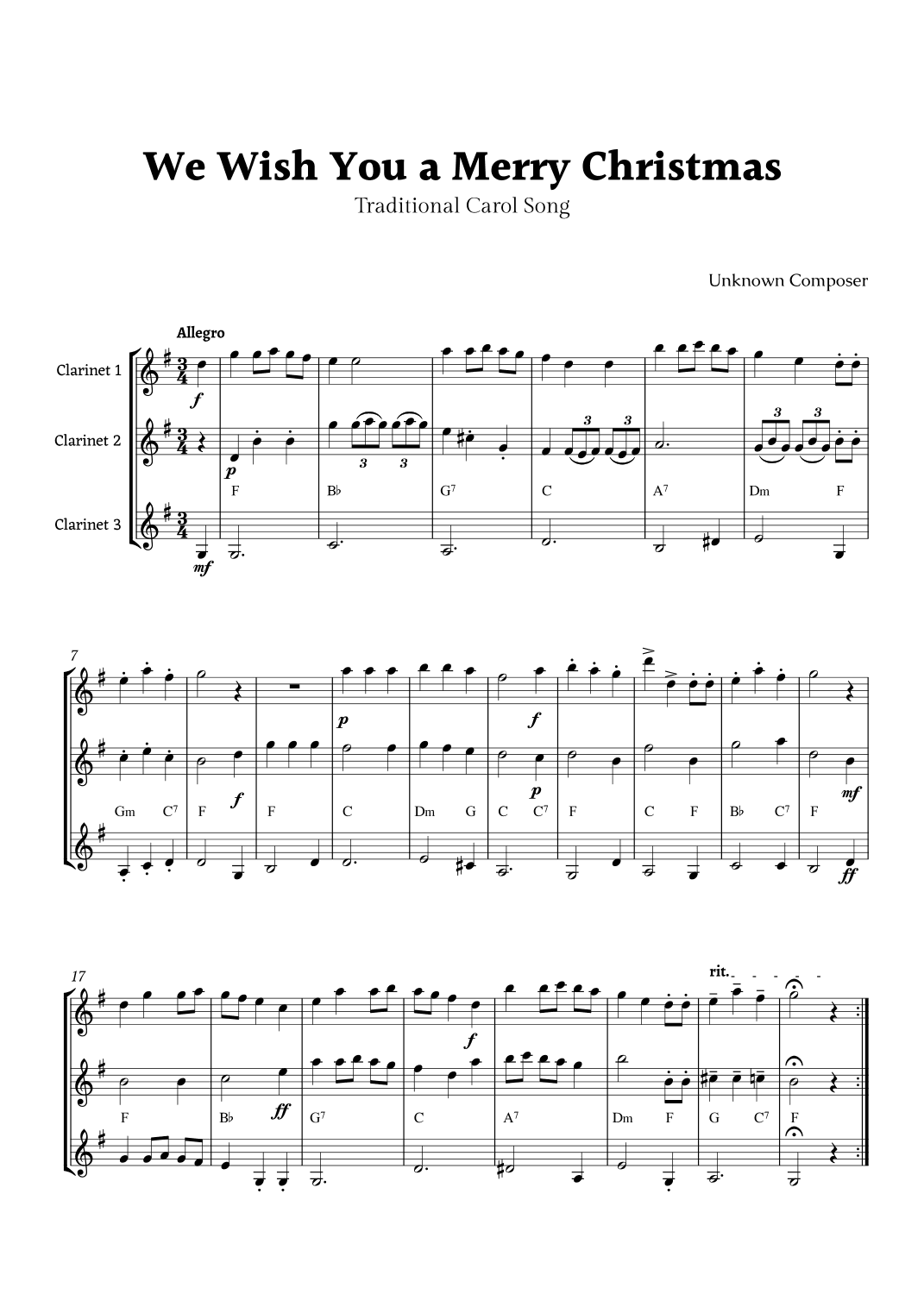We Wish you a Merry Christmas for Clarinet Trio with Chords (arr. Rika K.)