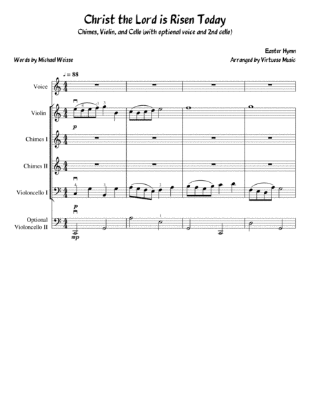 Christ the Lord is Risen Today (Easter Hymn) for Voice, Chimes, Violin, and 2 Cellos (arr. Virtuoso Music)