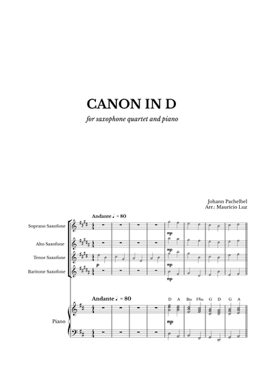 Canon in D for Saxophone Quartet and Piano with chords (arr. Maurício Luz)