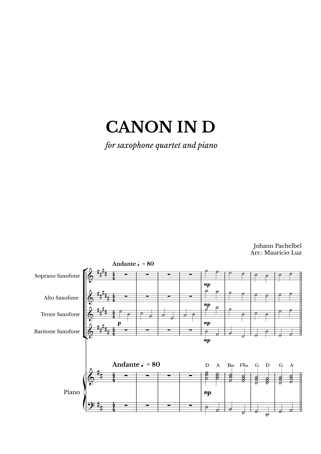 Canon in D for Saxophone Quartet and Piano with chords (arr. Maurício Luz)