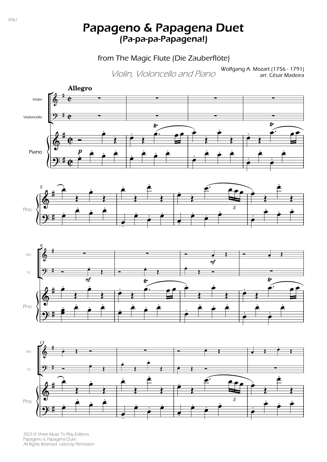 Papageno and Papagena Duet - Piano Trio (Full Score) - Score Only (arr. César Madeira)