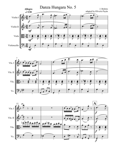 Hungarian Dance No. 5 by  J. Brahms for String Quartet (arr. Oliver Payán)