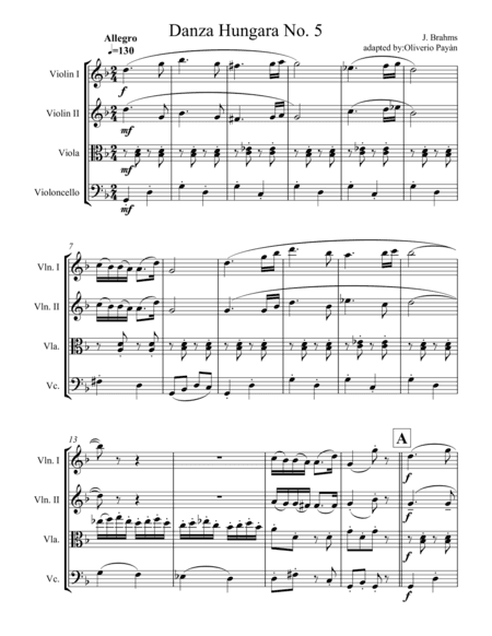 Hungarian Dance No. 5 by  J. Brahms for String Quartet (arr. Oliver Payán)