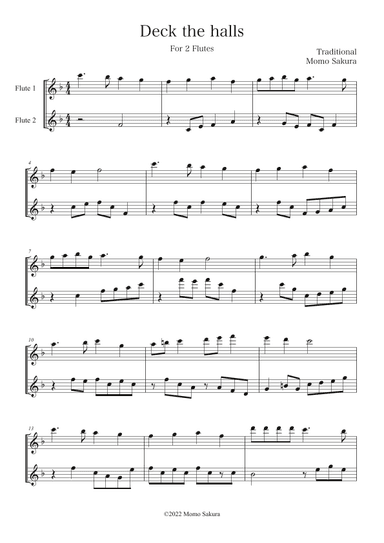 Deck the Halls for 2 Flutes / Flute duet (arr. Momo Sakura)