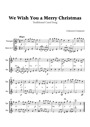 We Wish you a Merry Christmas for Trumpet and French Horn Duet with Chords (arr. Rika K.)