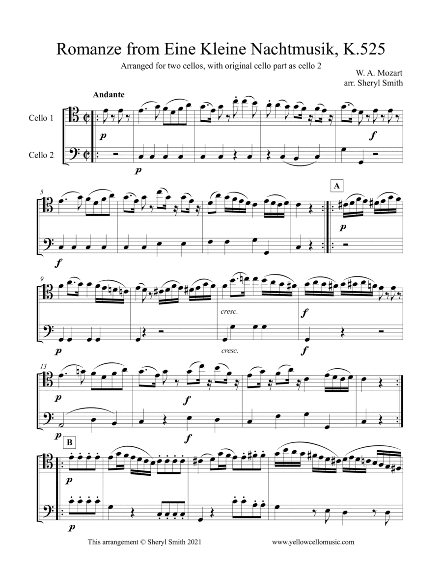 Romanze from Eine Kleine Nachtmusik, K.525, for cello duo with original cello part (arr. Yellow Cello Music)