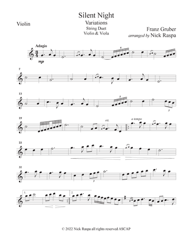 Silent Night - Variations (Violin & Viola duet) Violin part (arr. Nick Raspa)