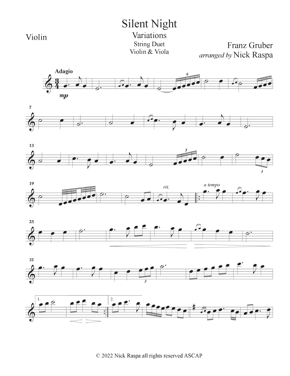 Silent Night - Variations (Violin & Viola duet) Violin part (arr. Nick Raspa)