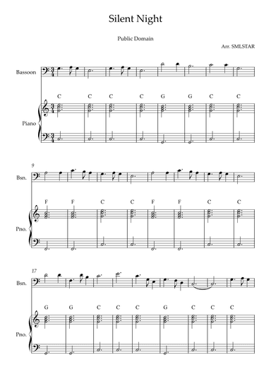 Silent Night BASSON and PIANO Sheet Music to Beginners (arr. SMLStar)