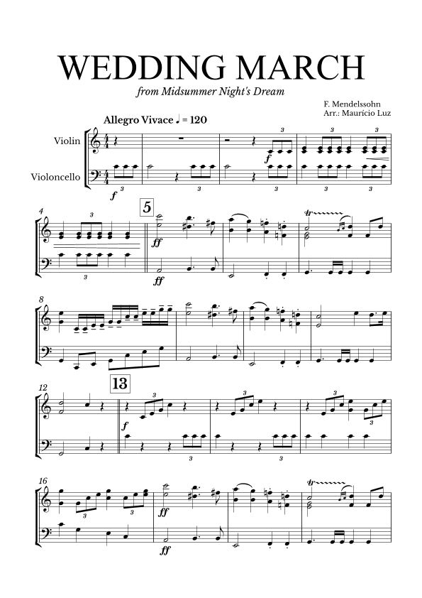Wedding March Mendelssohn for Violin and Cello (arr. Maurício Luz)