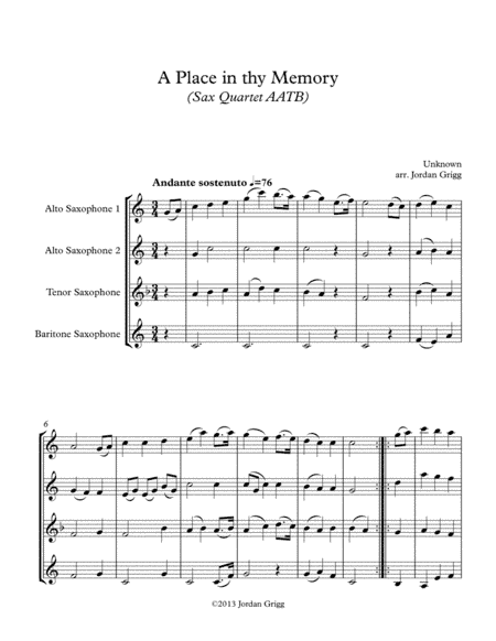 A Place in thy Memory (Sax Quartet AATB) (arr. Jordan Grigg)