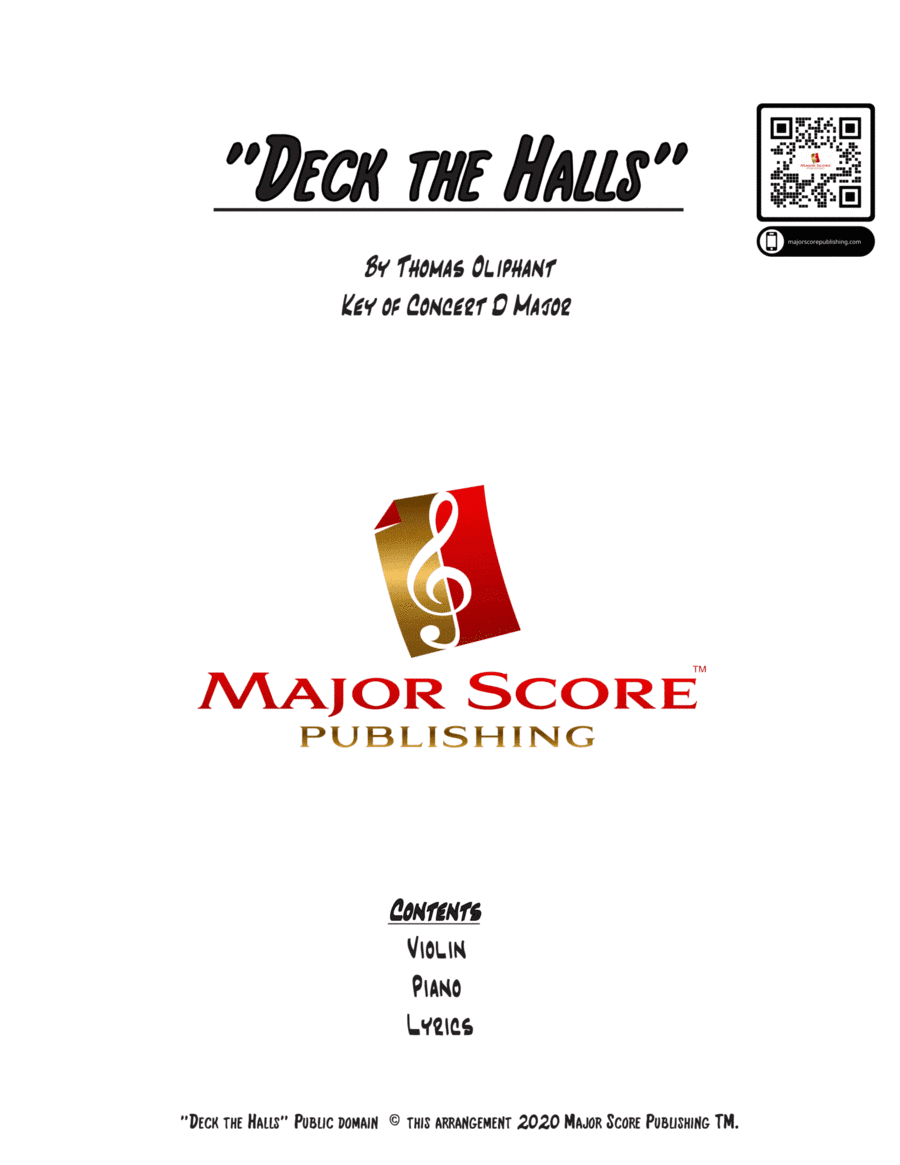 Deck the Halls - VIOLIN & PIANO - D Major (arr. MAJOR SCORE PUBLISHING TM.)