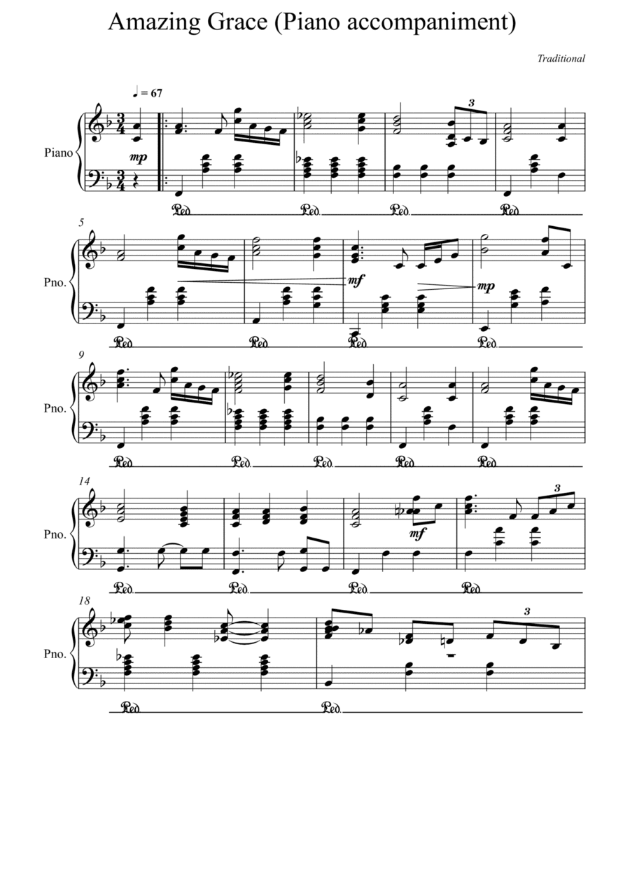 Amazing Grace Piano accompaniment - F Major (arr. Albert van Niasky)