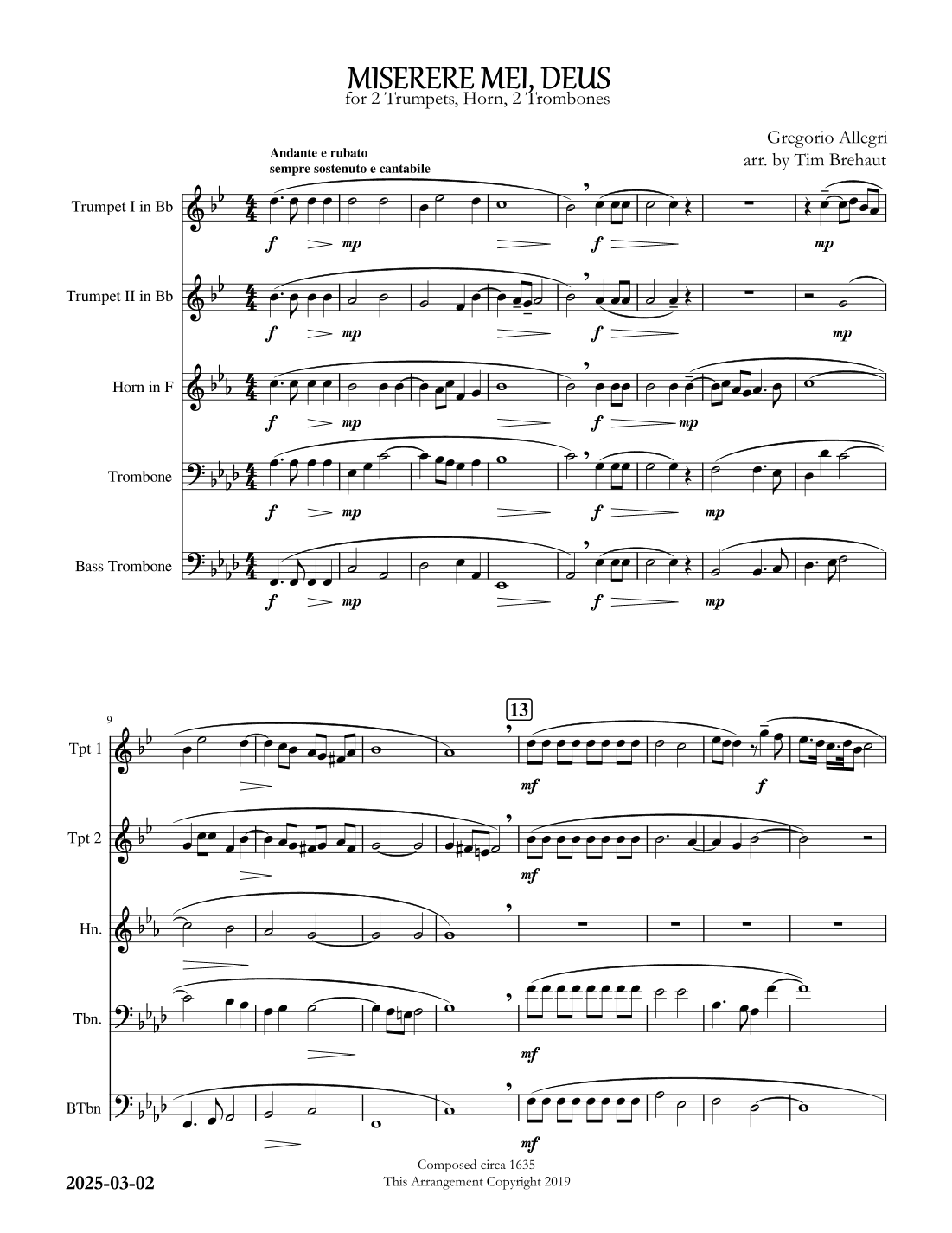 Miserere Mei Deus - Gregorio Allegri - Brass Quintet (arr. Tim Brehaut)