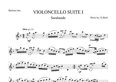 Sarabande from Violoncello Suite I by J.S.Bach for Baritone Saxophone (arr. The Sheet Music Library)
