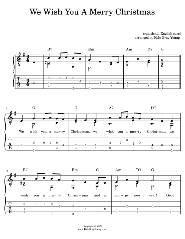 We Wish You A Merry Christmas (easy fingerstyle guitar tablature) (arr. Kyle Gray Young)