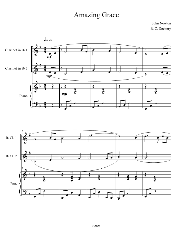 Amazing Grace (Clarinet Duet with Piano Accompaniment) (arr. B. C. Dockery)