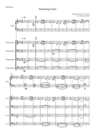 Amazing Grace (John Newton, E. O. Excell) for Cello Quartet and Piano Accompaniment with Chords (arr. Fernando Britto)