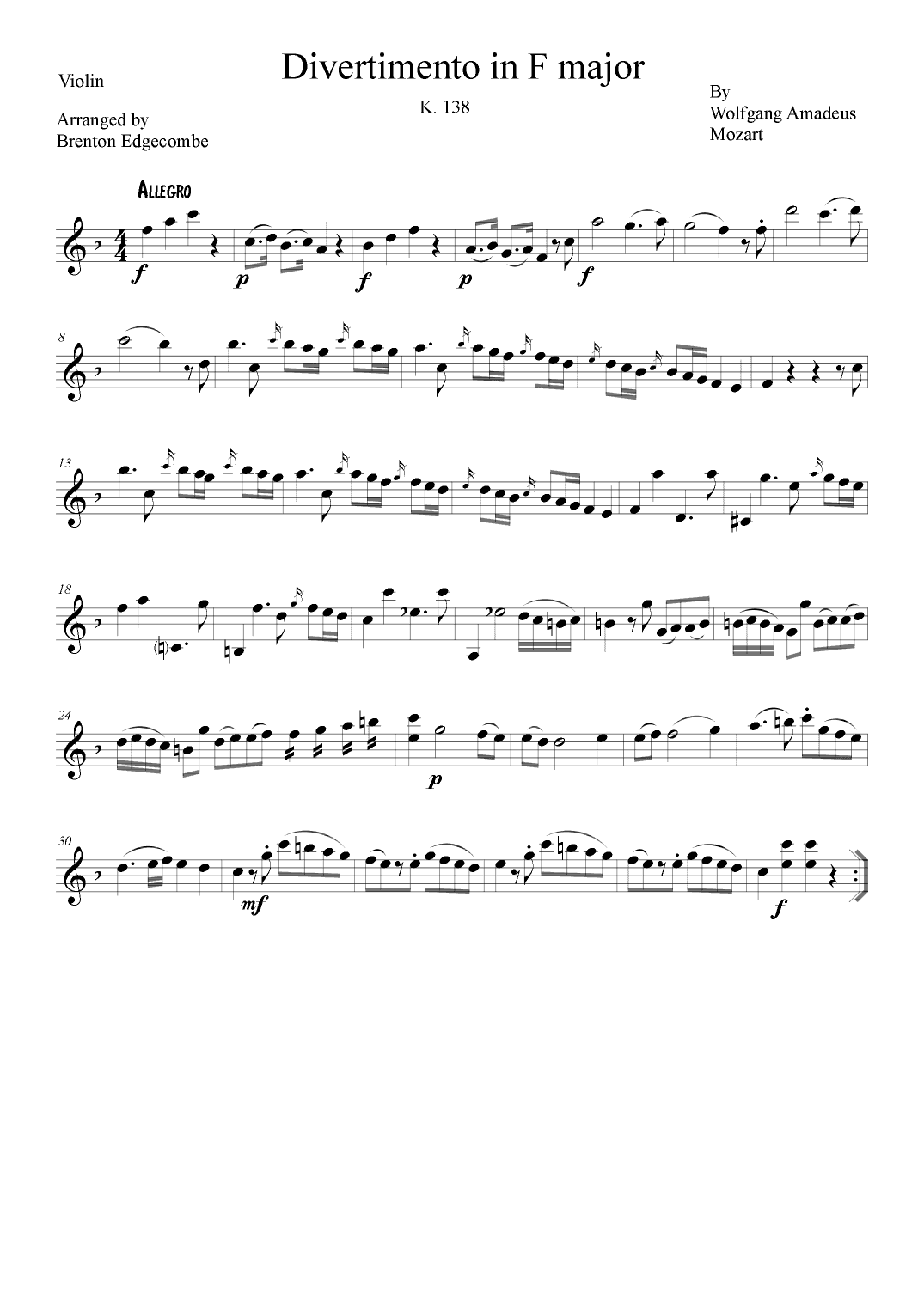 Mozart Divertimento in F major K. 138 (arr. Adelaide String Duo)