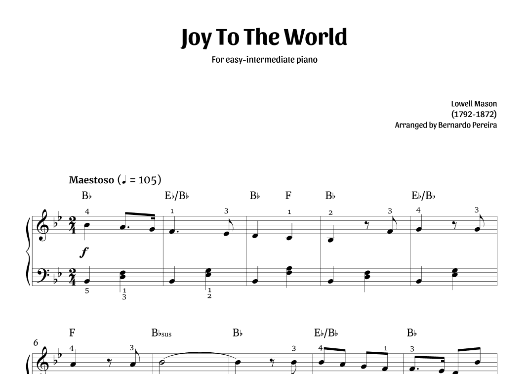 Joy to the World (easy-intermediate piano – Bb major) (arr. Bernardo Pereira)