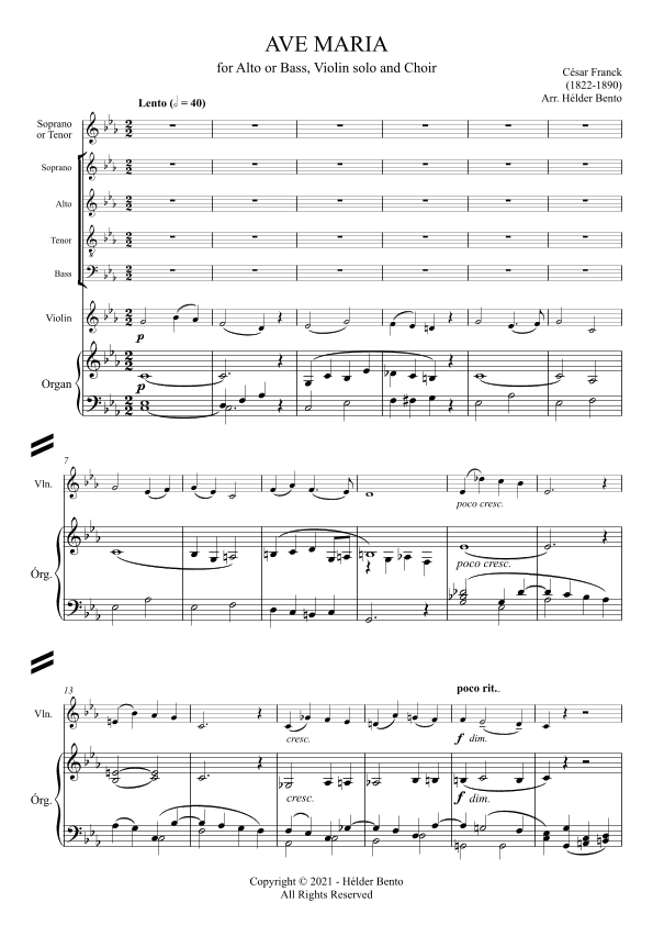 Avé Maria - César Franck for Low Voice, Choir and Violin Solo (arr. H. Bento)
