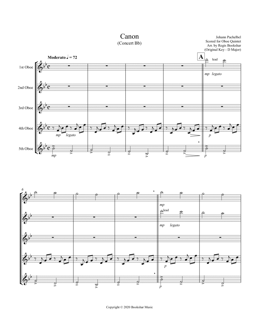 Canon (Pachelbel) (Bb) (Oboe Quintet) (arr. Regis Bookshar)
