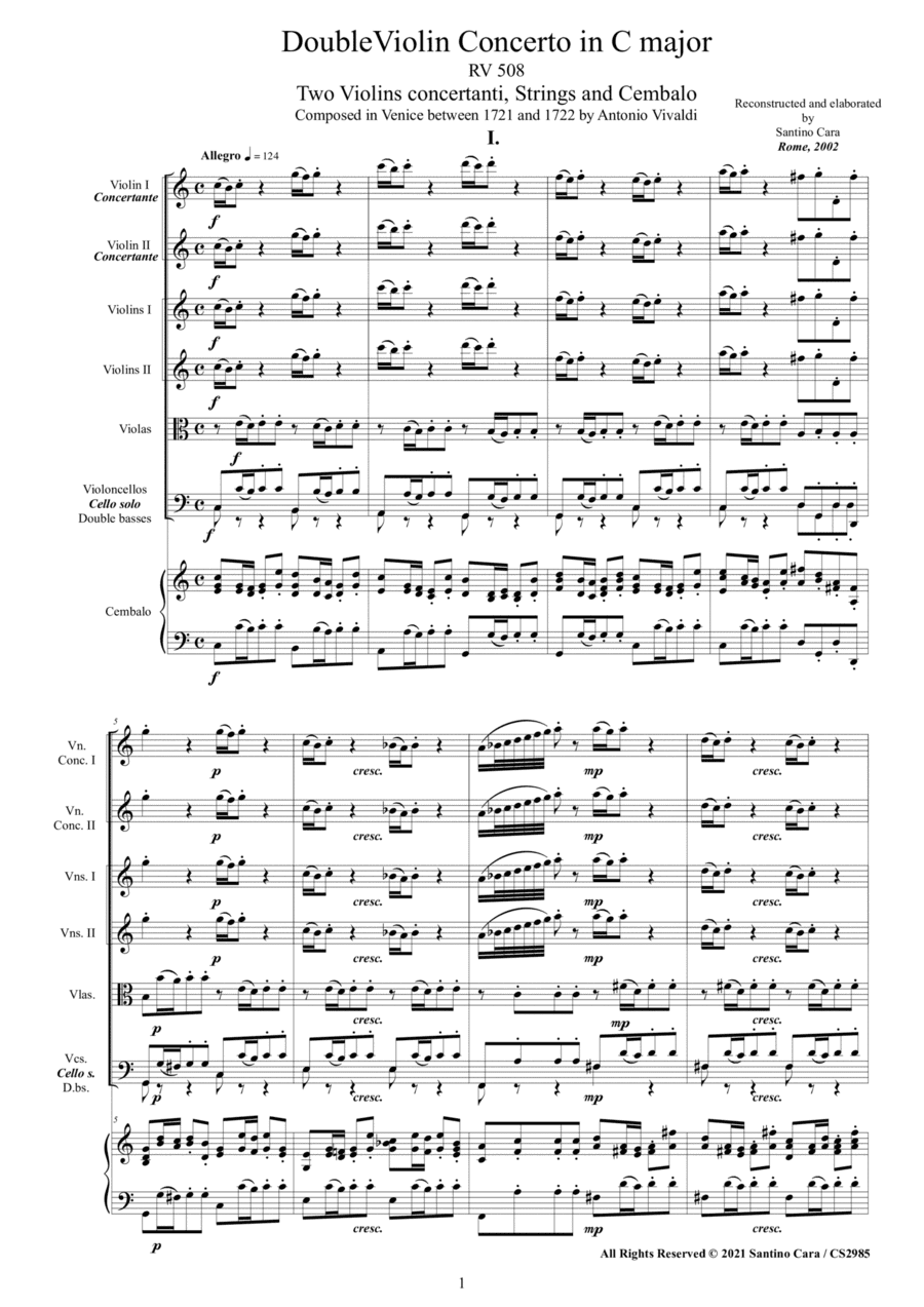 Vivaldi - Double Violin Concerto in C major RV 508 for Two Violins, Strings and Cembalo (arr. Santino Cara)