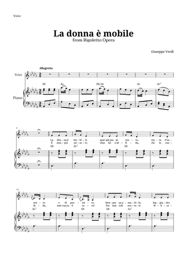 La donna è mobile in D-flat major for Voice and Piano (arr. Langanho)
