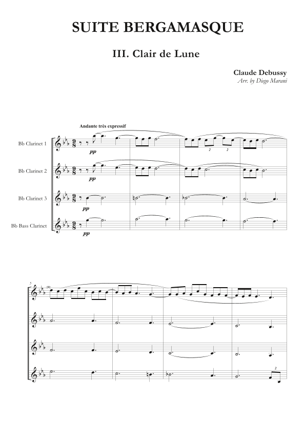 Clair de Lune from "Suite Bergamasque" for Clarinet Quartet (arr. Diego Marani)
