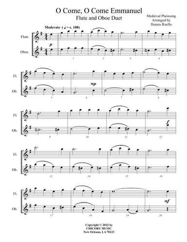 O Come, O Come Emmanuel - Flute / Oboe Duet - Early Intermediate Level (arr. Dennis Ruello)