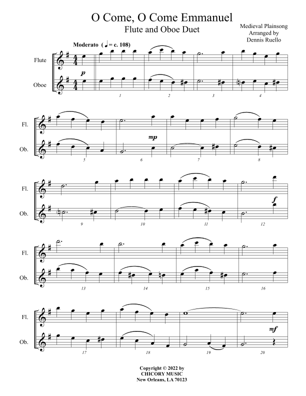 O Come, O Come Emmanuel - Flute / Oboe Duet - Early Intermediate Level (arr. Dennis Ruello)