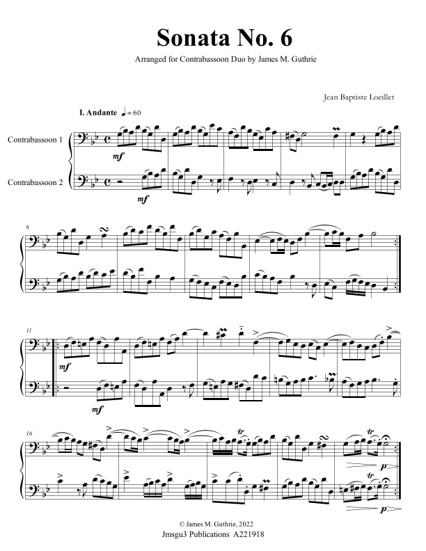 Loeillet: Sonata No. 6 for Contrabassoon Duo (arr. James M. Guthrie)