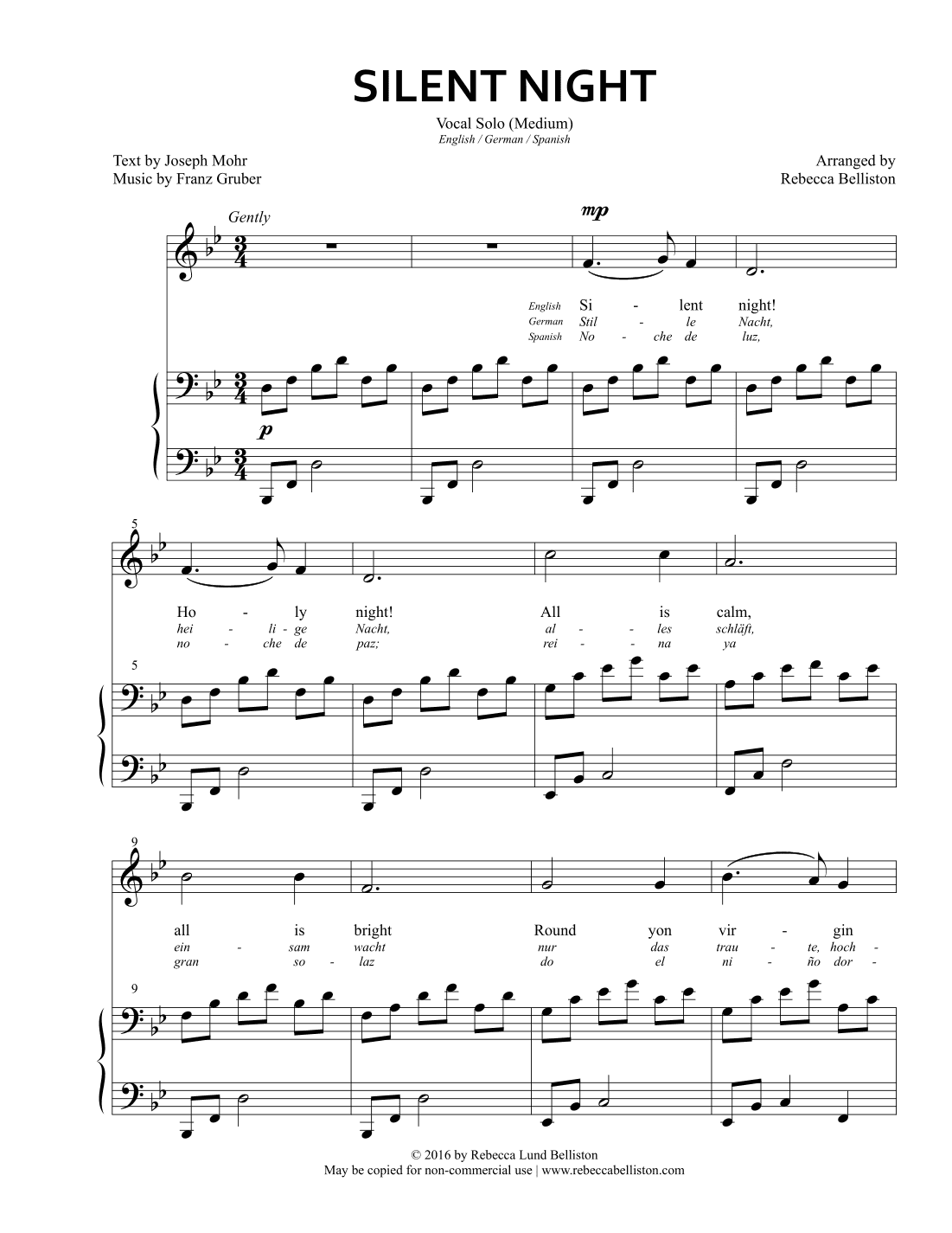 Silent Night (Vocal Solo - Medium) (arr. Rebecca Belliston)
