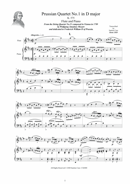 Mozart - Prussian Quartet No.1 in D major K.575 - Version for Flute and Piano (arr. Santino Cara)