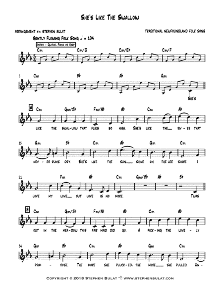 She's Like The Swallow (Newfoundland/Canadian Traditional) - lead sheet (key of Cm) (arr. Stephen Bulat)