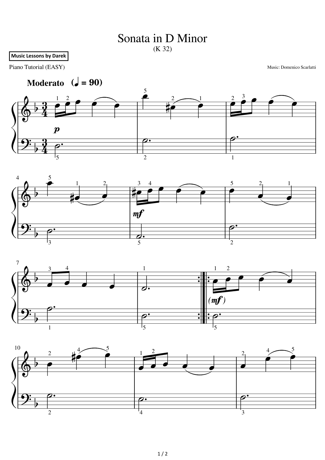 Sonata in D Minor (EASY PIANO) (K 32) [Domenico Scarlatti] (arr. Darek)