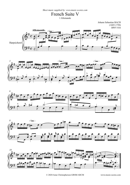 French Suite BWV 816 - no.1: Allemande - Harpsichord (arr. Anne L Christopherson GRSM ARCM)