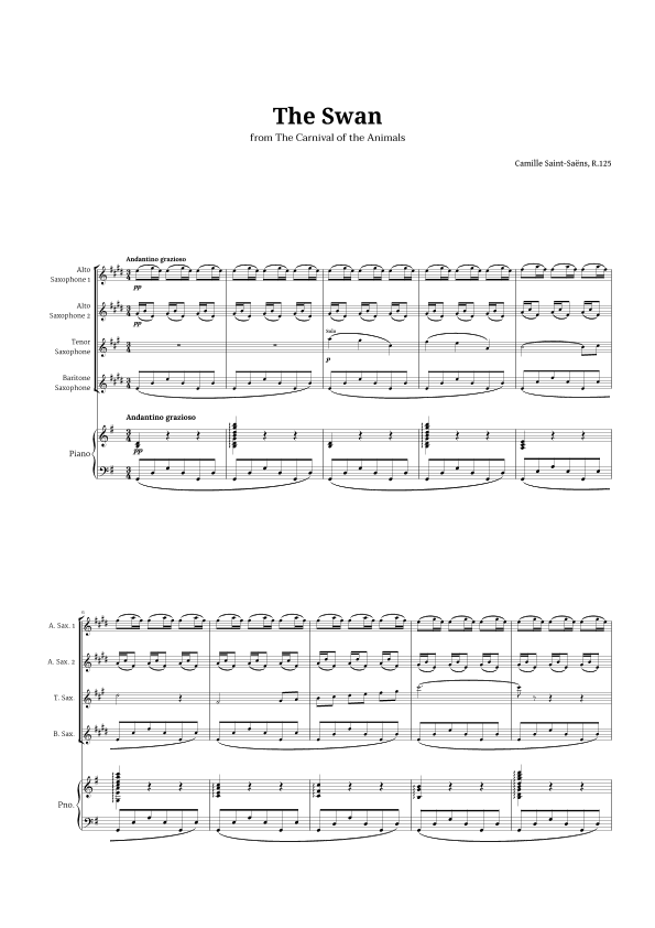 The Swan by Saint-Saëns for Sax Quartet AATB and Piano (arr. Langanho)