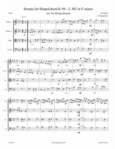 Scarlatti, D: Sonata in F minor K 69 - L382 arranged for String Quartet (arr. D Oppenheim)