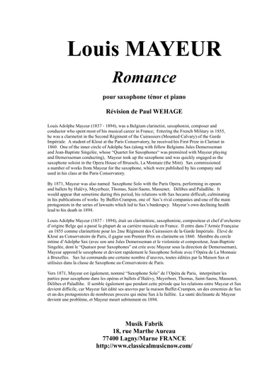 Louis Mayeur : Romance for tenor saxophone and piano (arr. Paul Wehage)
