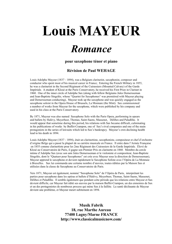 Louis Mayeur : Romance for tenor saxophone and piano (arr. Paul Wehage)